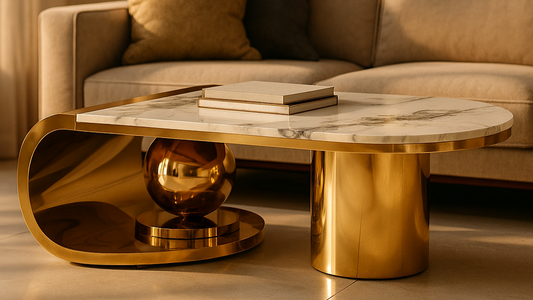Oval white marble top center table with polished gold metal base

