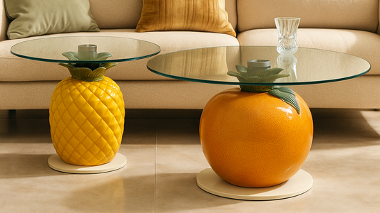 Tropical-inspired glass center table set with pineapple and citrus base

