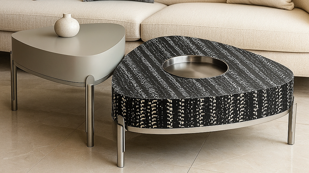 Two-piece center table set with Italian veneer top and grey metal frame
