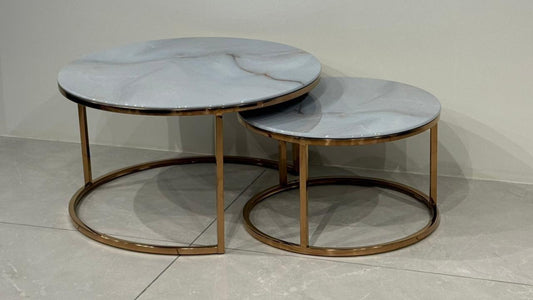Dual circular marble coffee tables with rosegold base — TAS Living