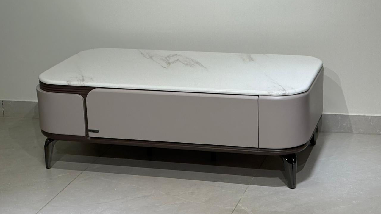 Rectangular marble coffee table with taupe body and bronze legs — TAS Living