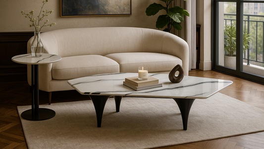 Asymmetric marble top luxury center coffee table with black base
