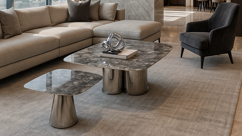 Grey marble and chrome luxury coffee table set for modern interiors