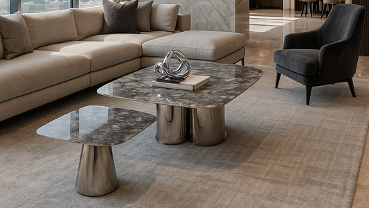 Grey marble and chrome luxury coffee table set for modern interiors