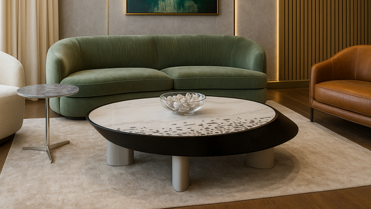 Sculptural marble center table with black wood rim and grey round marble side table on steel base