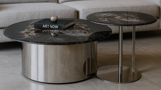 Luxury black marble coffee table set with polished chrome cylindrical base and refined veining
