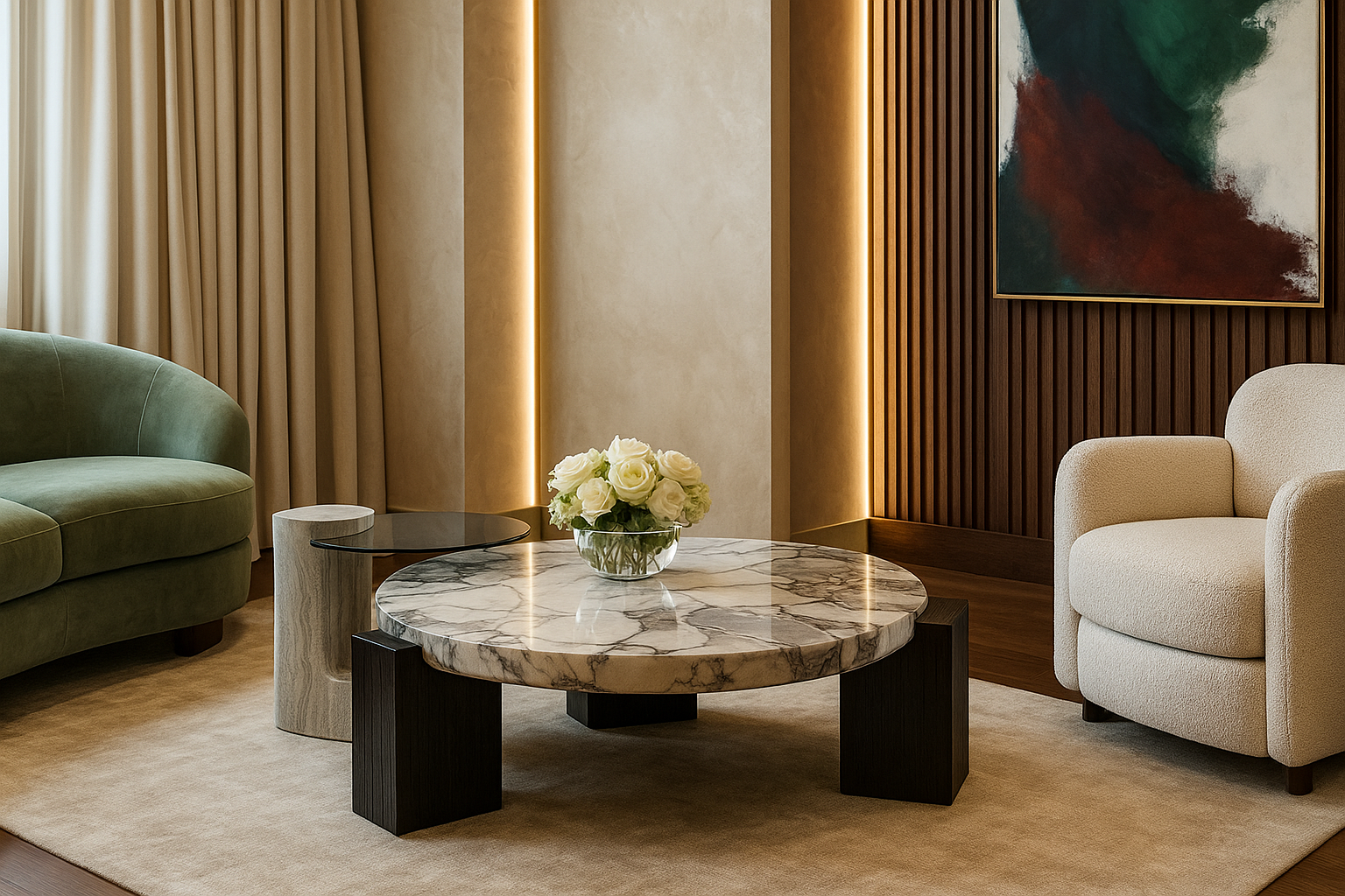 Round marble coffee table with black legs paired with curved stone and smoked glass accent table