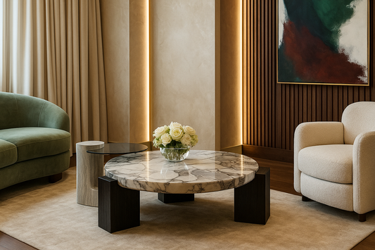 Round marble coffee table with black legs paired with curved stone and smoked glass accent table