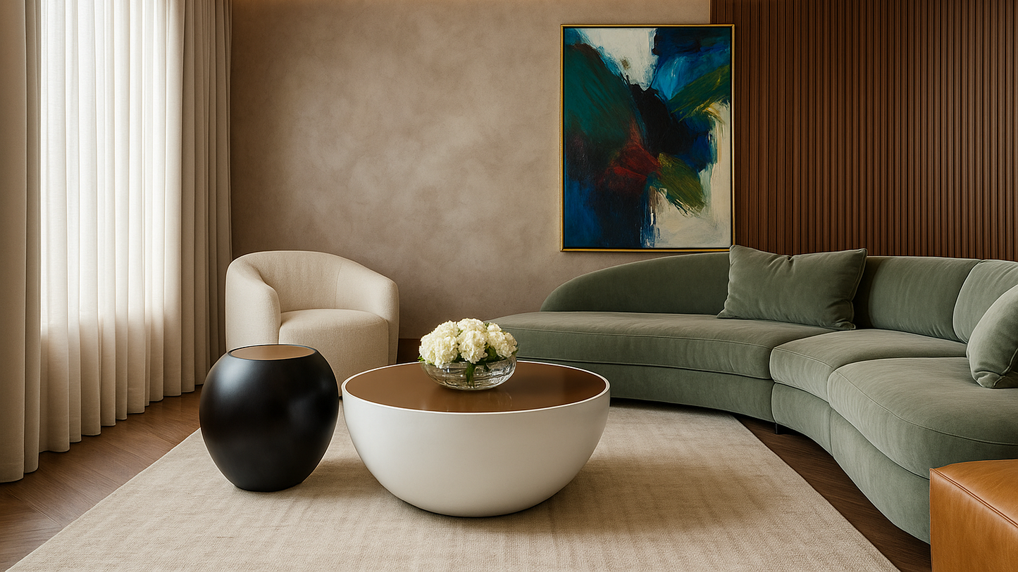 luxury marble center table with dark base and metallic detailing in Art Deco style
