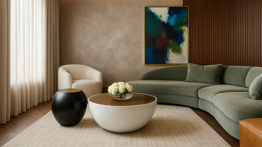 luxury marble center table with dark base and metallic detailing in Art Deco style
