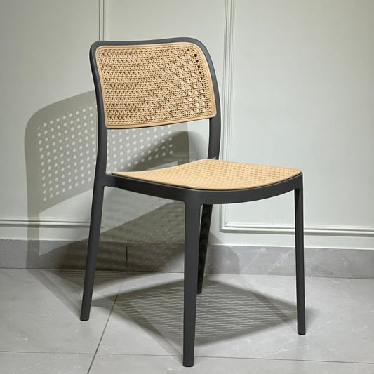 Grey frame chair with cane rattan weave