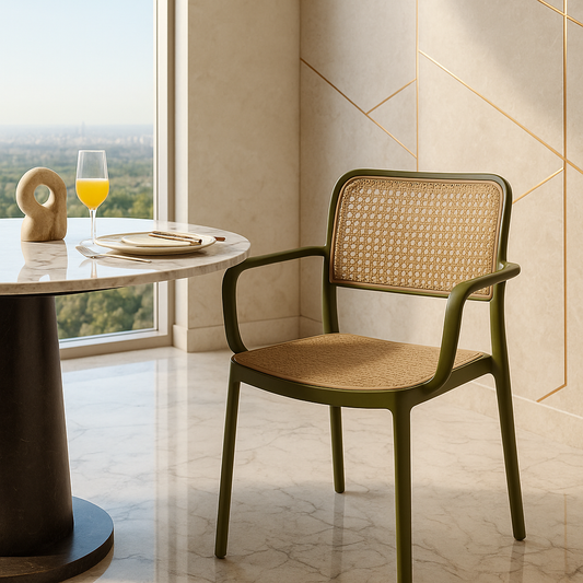 Olive green luxury chair with woven cane seat and backrest
