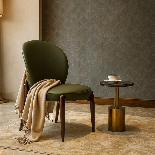 Olive green luxury dining chair with curved back and wooden legs in elegant setting