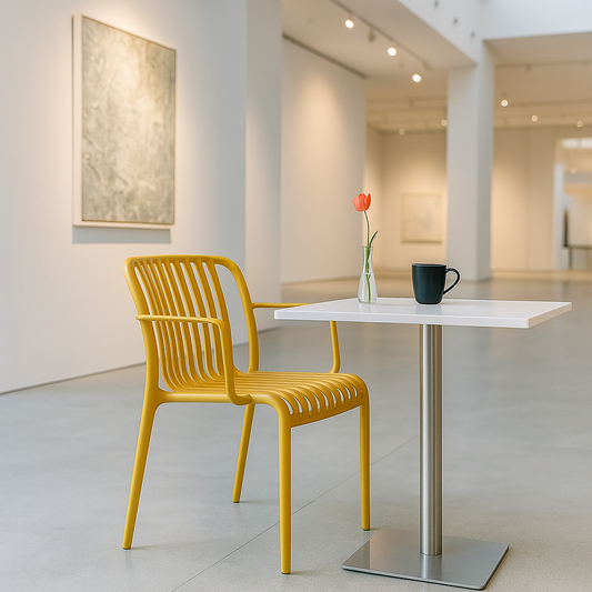Modern yellow designer chair with open-slat design and armrests