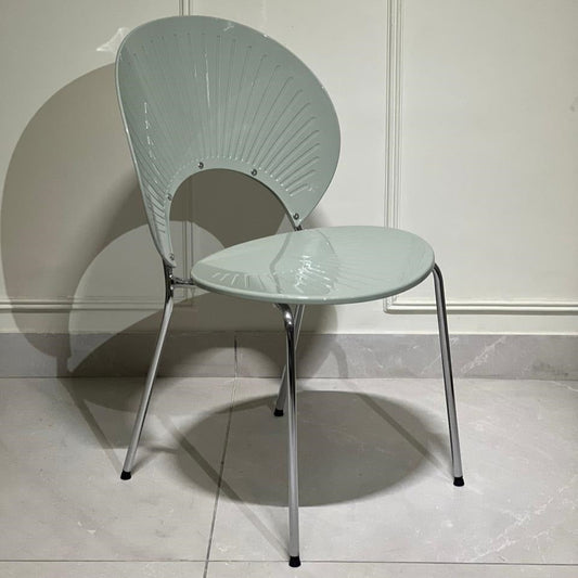 Modern grey shell chair with chrome legs and sculptural back design