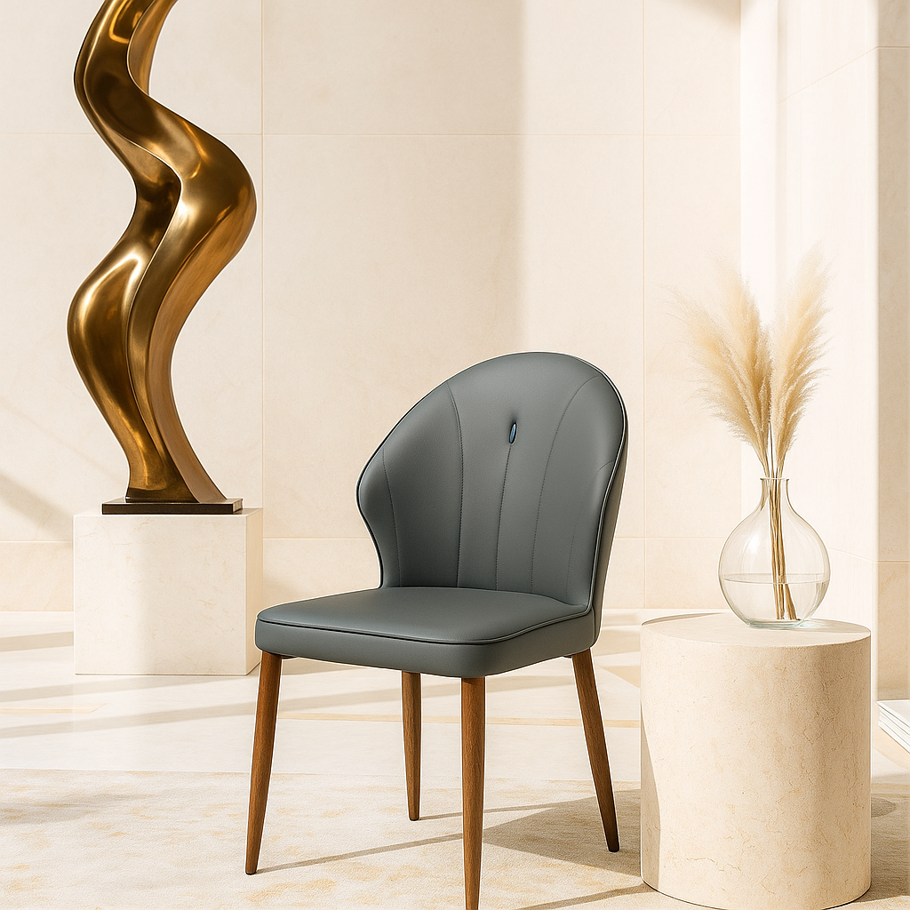 Olive grey leatherette dining chair with curved backrest and walnut-finish legs on a modern tiled floor