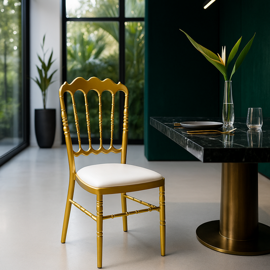 Metallic gold banquet chair with sculpted backrest and white cushioned seat