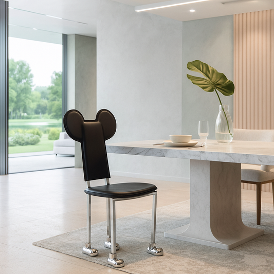 Avant-garde black designer chair with sculptural backrest and chrome legs featuring rounded bases