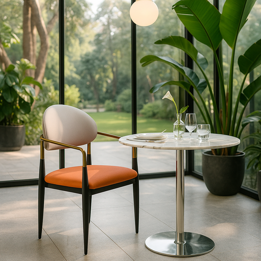 Dual-tone beige and orange dining chair with brass armrests and black tapered legs