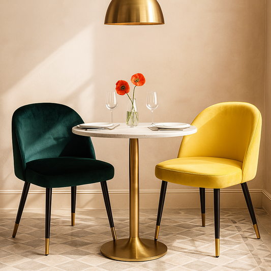 Set of green and yellow velvet accent chairs with black tapered legs and gold tips