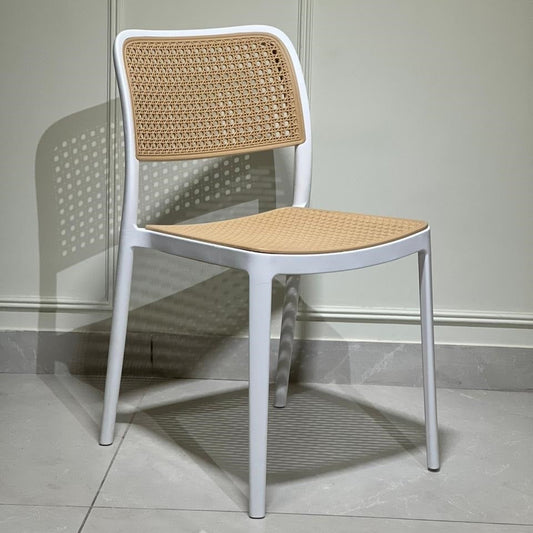White cane chair with handwoven seat and back