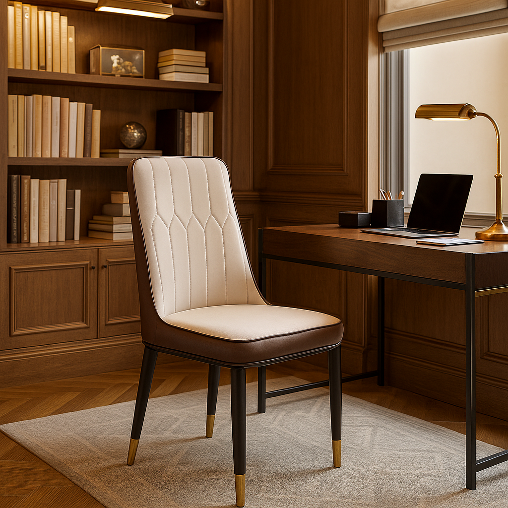 Ivory and chestnut leatherette dining chair with quilted back and gold-tipped legs on wooden flooring