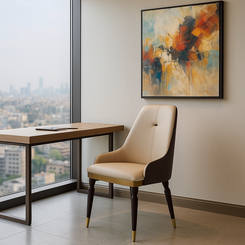 Beige chair in front of a wooden desk with a cityscape view and abstract painting on the wall.
