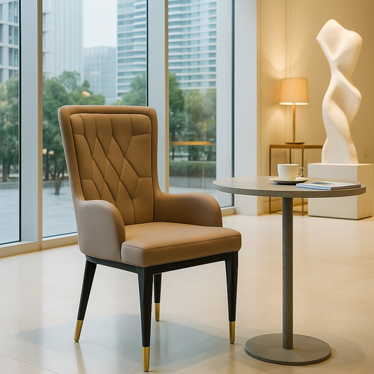 Luxury coffee brown dining chair with quilted back and gold tips