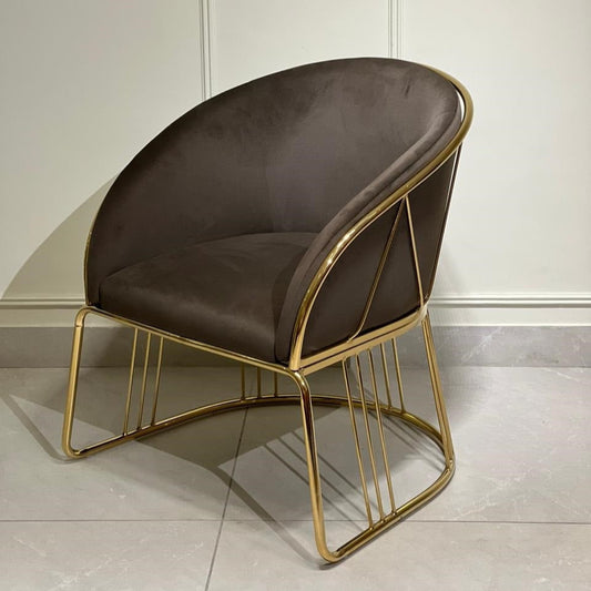 Espresso velvet lounge chair with golden arc frame – Aurum Arc Accent Chair