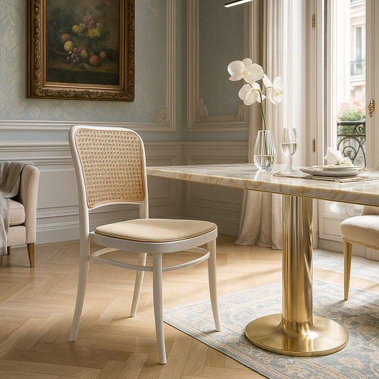 White dining chair with woven cane seat and backrest