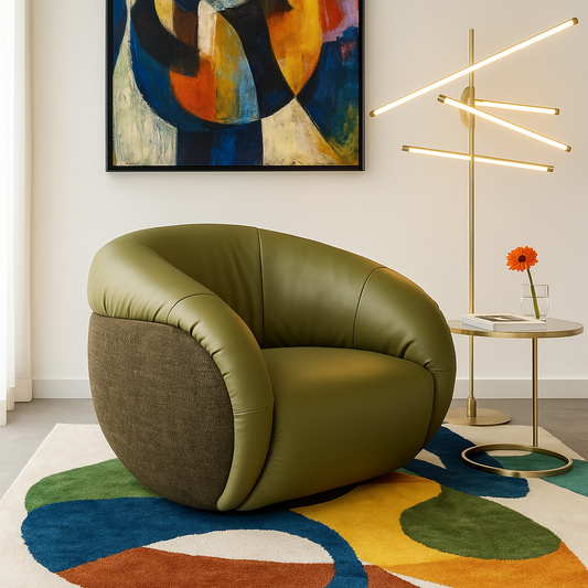 Contemporary olive green leisure lounge chair with rounded cocoon design and textured fabric backrest in a modern art-inspired setting.
