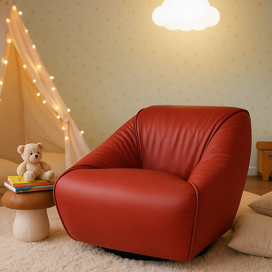 Red leather sculptural swivel leisure lounge chair with seamless curved form.