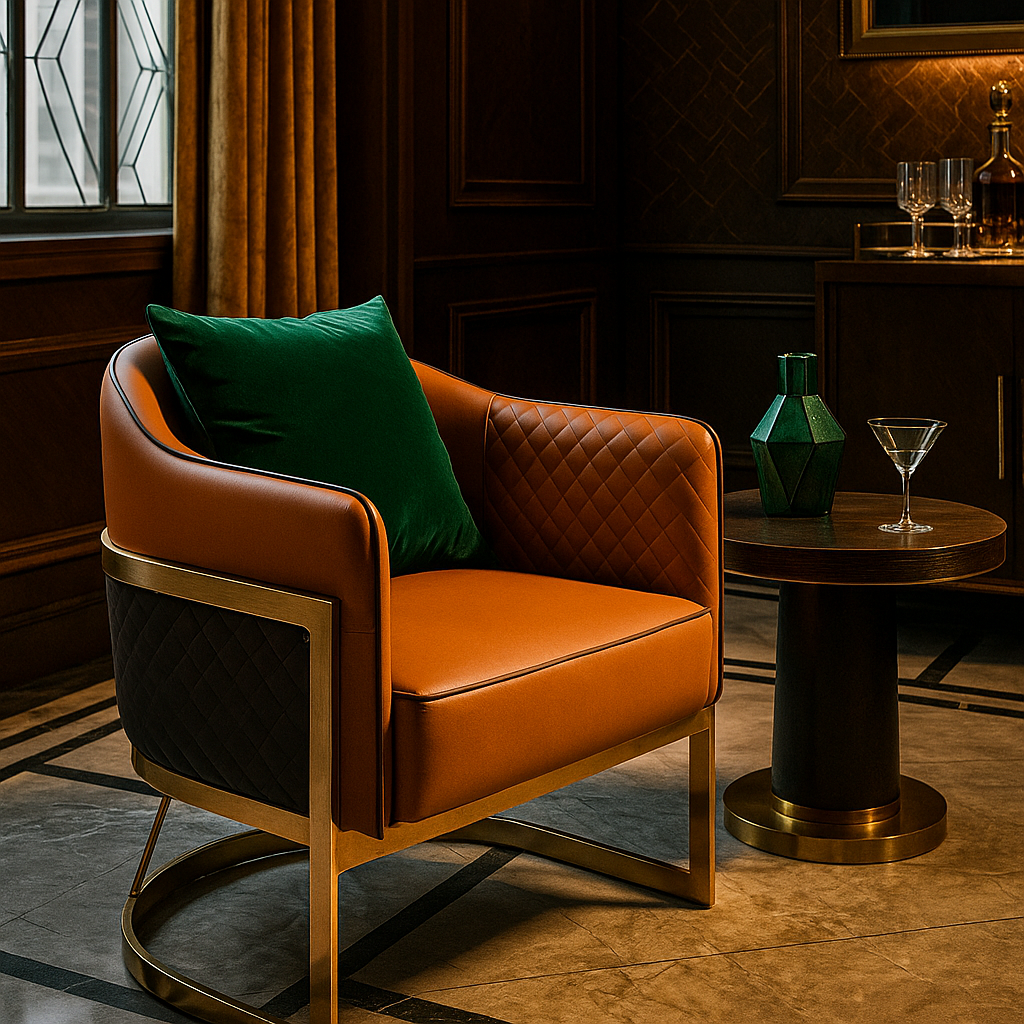 Orange and brown quilted leather lounge chair with gold metal base – TAS Living