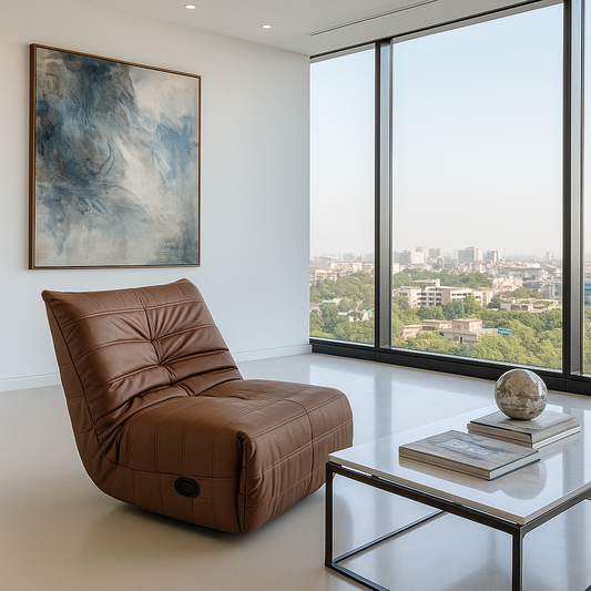 Cognac brown leather recliner leisure lounge chair in a modern high-rise with full-length city view windows.