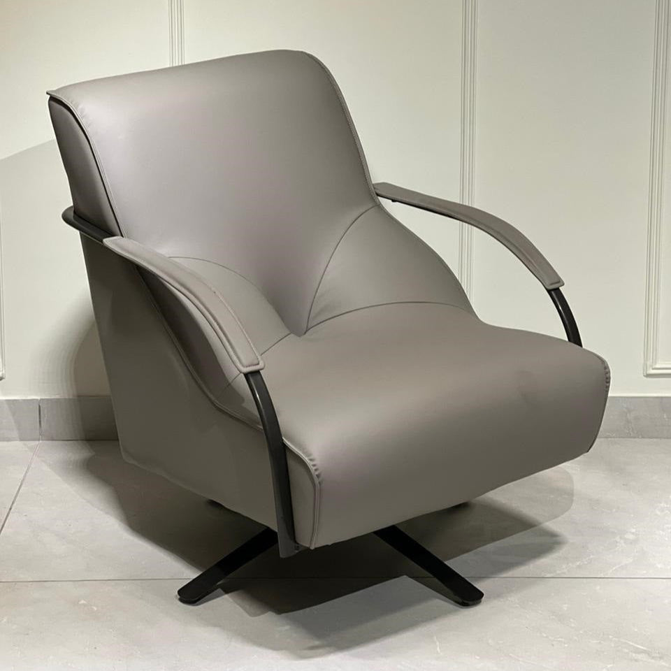 Light grey leather swivel leisure lounge chair with metal arms – TAS Living
