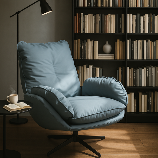 Blue padded swivel leisure  lounge chair with matte black base – TAS Living

