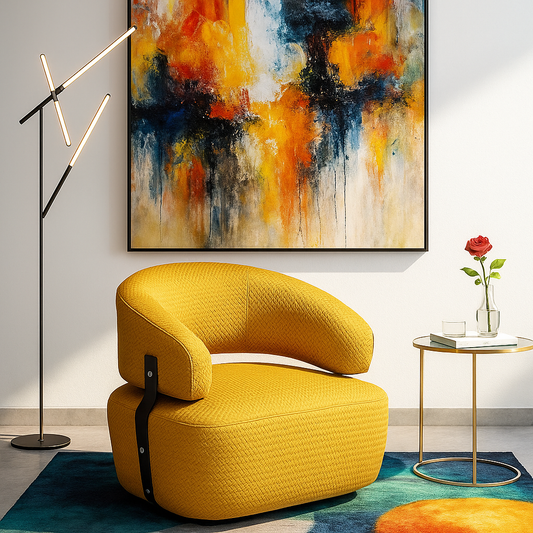 Golden textured leisure chair with curved backrest and black metal rear accent on marble flooring.
