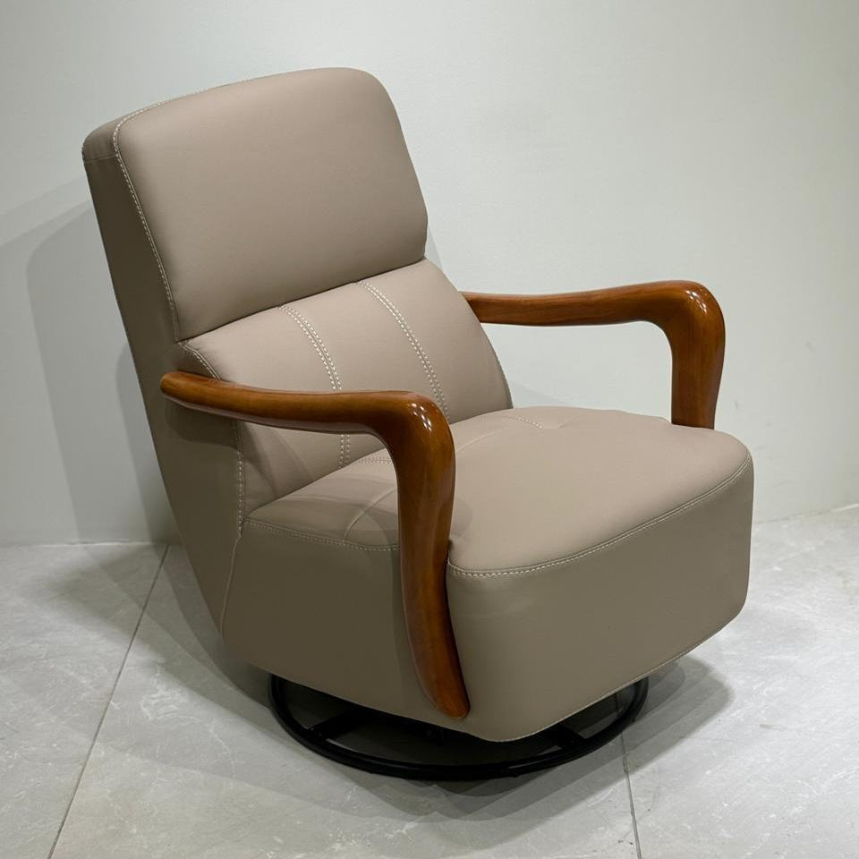 Beige rocking chair with wooden armrests on a white background