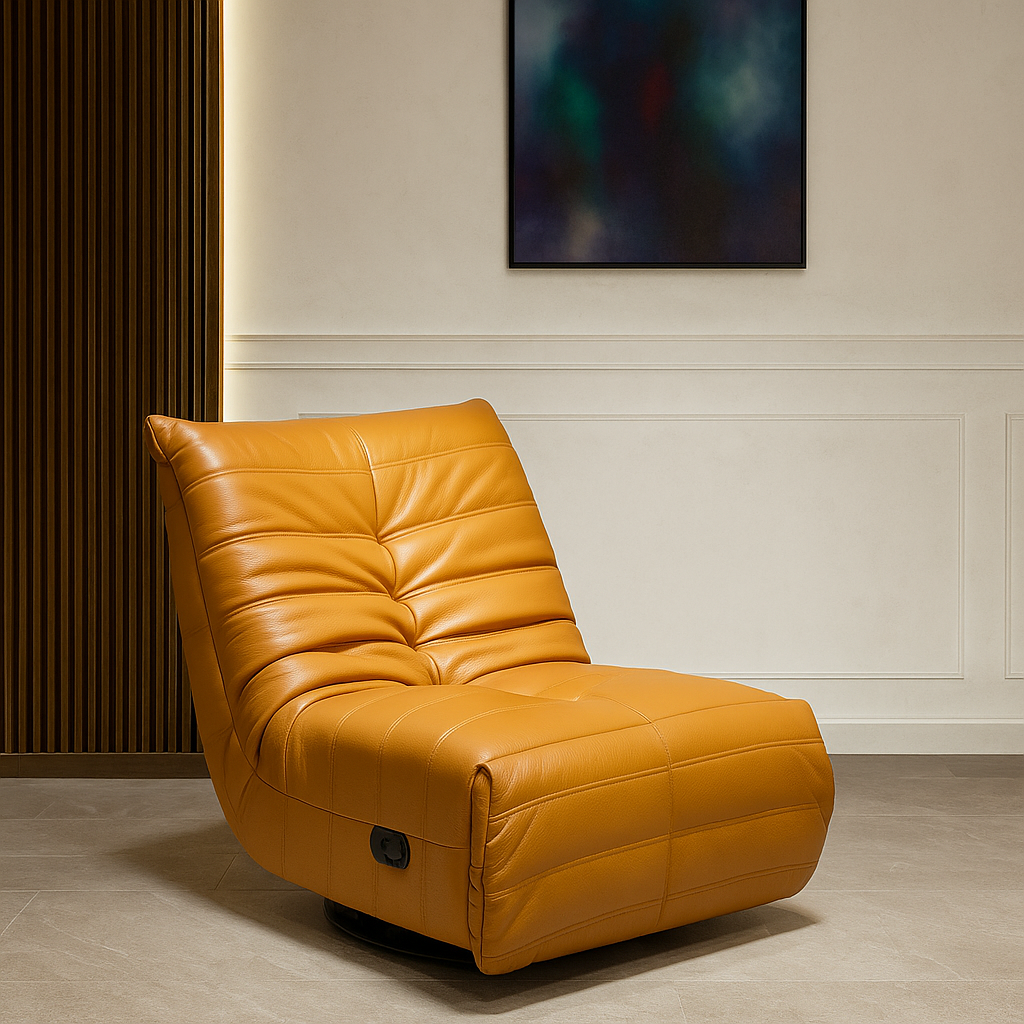 Orange recliner chair in a room with a painting on the wall.