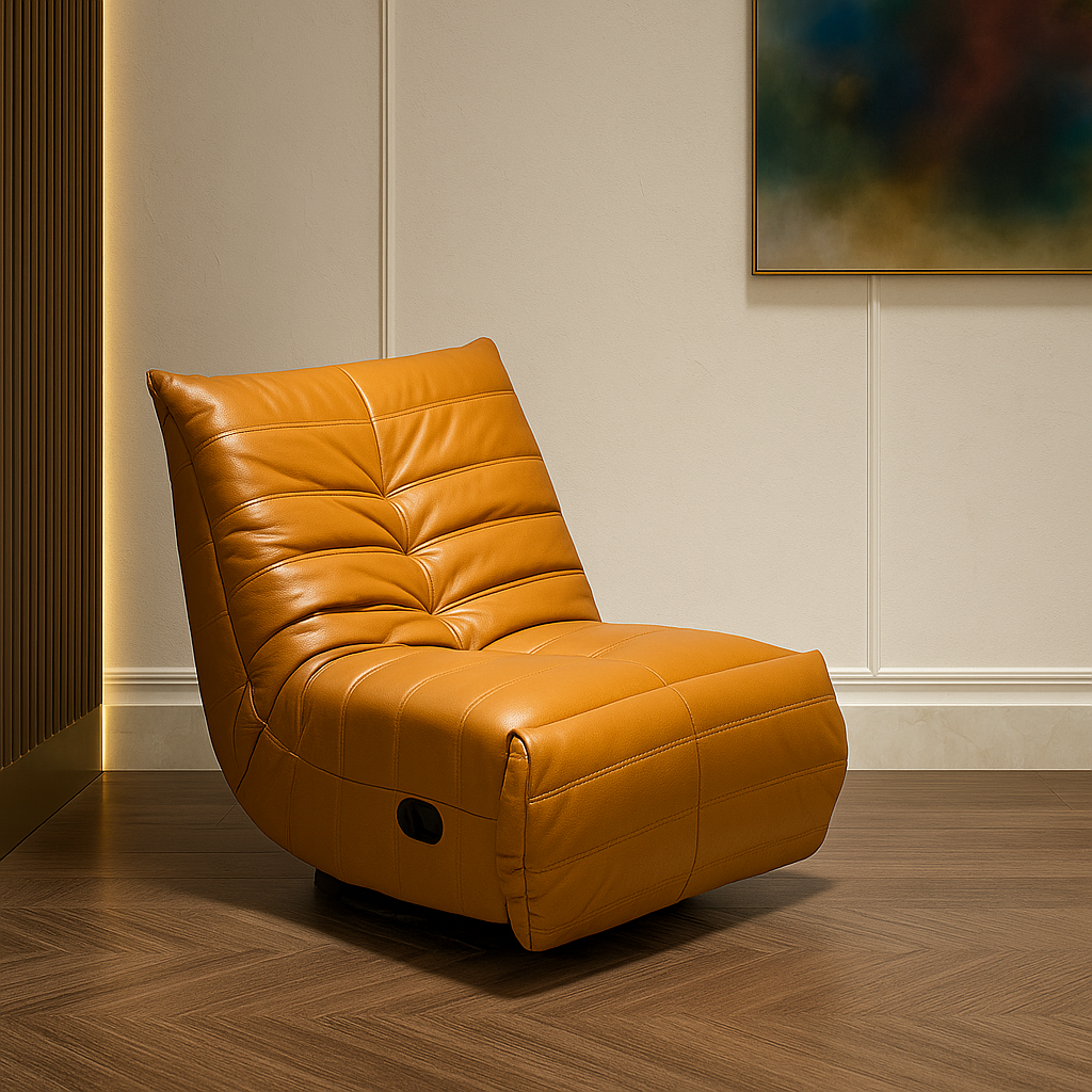 Orange recliner chair in a room with a painting on the wall.