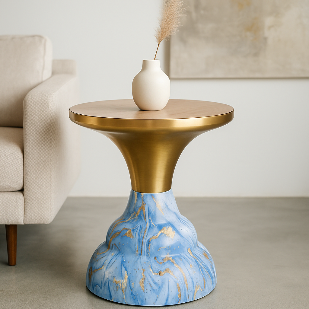 Sculptural blue and gold side table with wooden top and ceramic vase