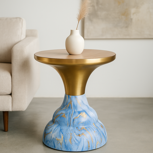 Sculptural blue and gold side table with wooden top and ceramic vase