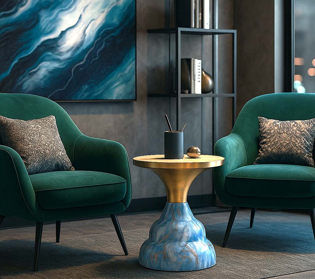 Sculptural blue and gold side table with wooden top and ceramic vase