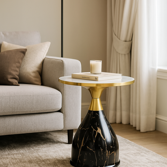 Luxury black and gold side table with marble top beside modern beige sofa