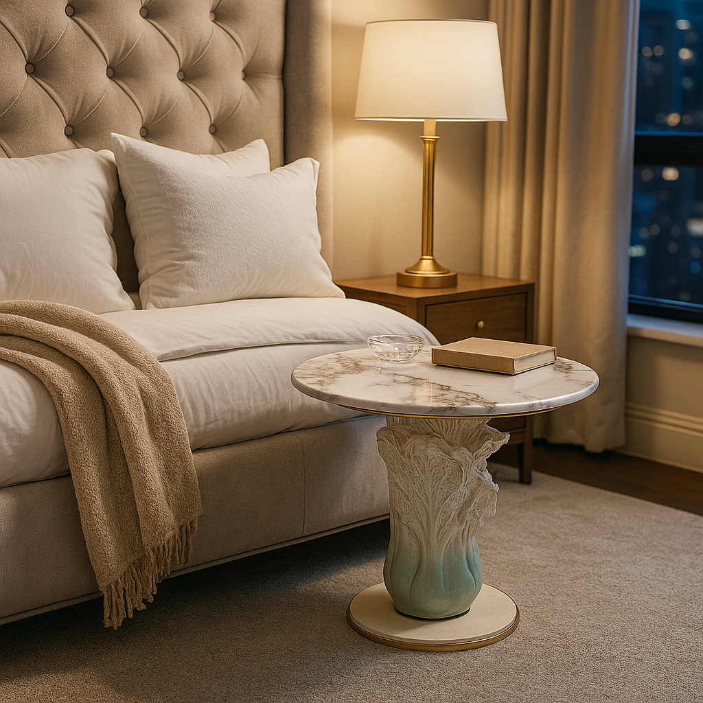 Marble-topped luxury side table with jade-toned sculptural ceramic base inspired by botanical roots.

