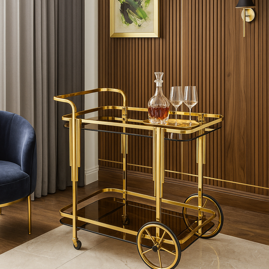 Luxury gold serving trolley with glass shelves and wheels