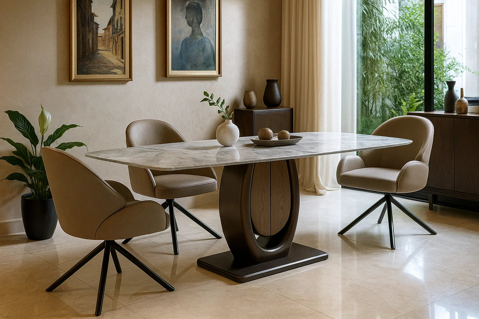 Luxury oval marble dining table set with sculptural wood base and neutral upholstered chairs in an elegant dining room.