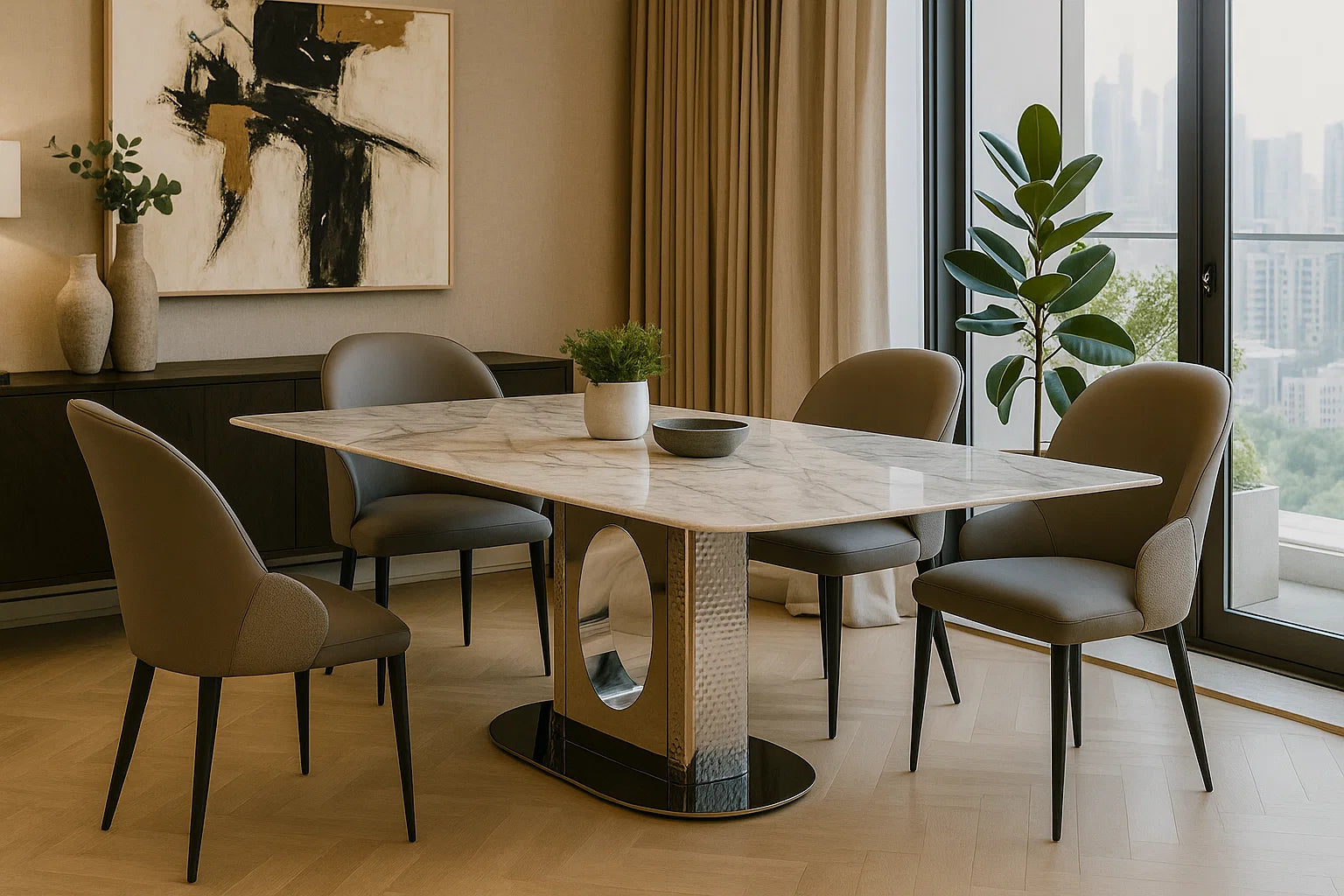 Luxury marble dining table with hammered chrome base and upholstered chairs in modern interior