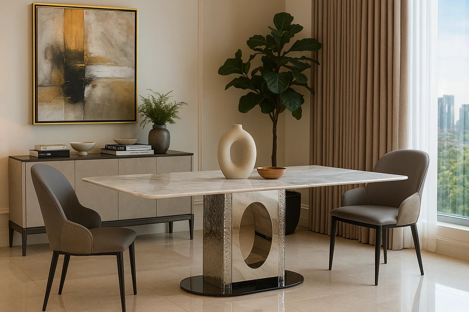 Luxury marble dining table with hammered chrome oval base and taupe upholstered chairs in modern interior