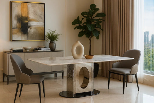 Luxury marble dining table with hammered chrome oval base and taupe upholstered chairs in modern interior